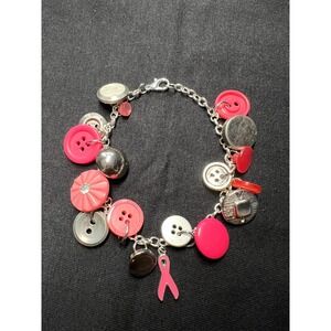 Vintage Button Charm Bracelet: Breast Cancer Awareness Pink & Silver Buttons 8"